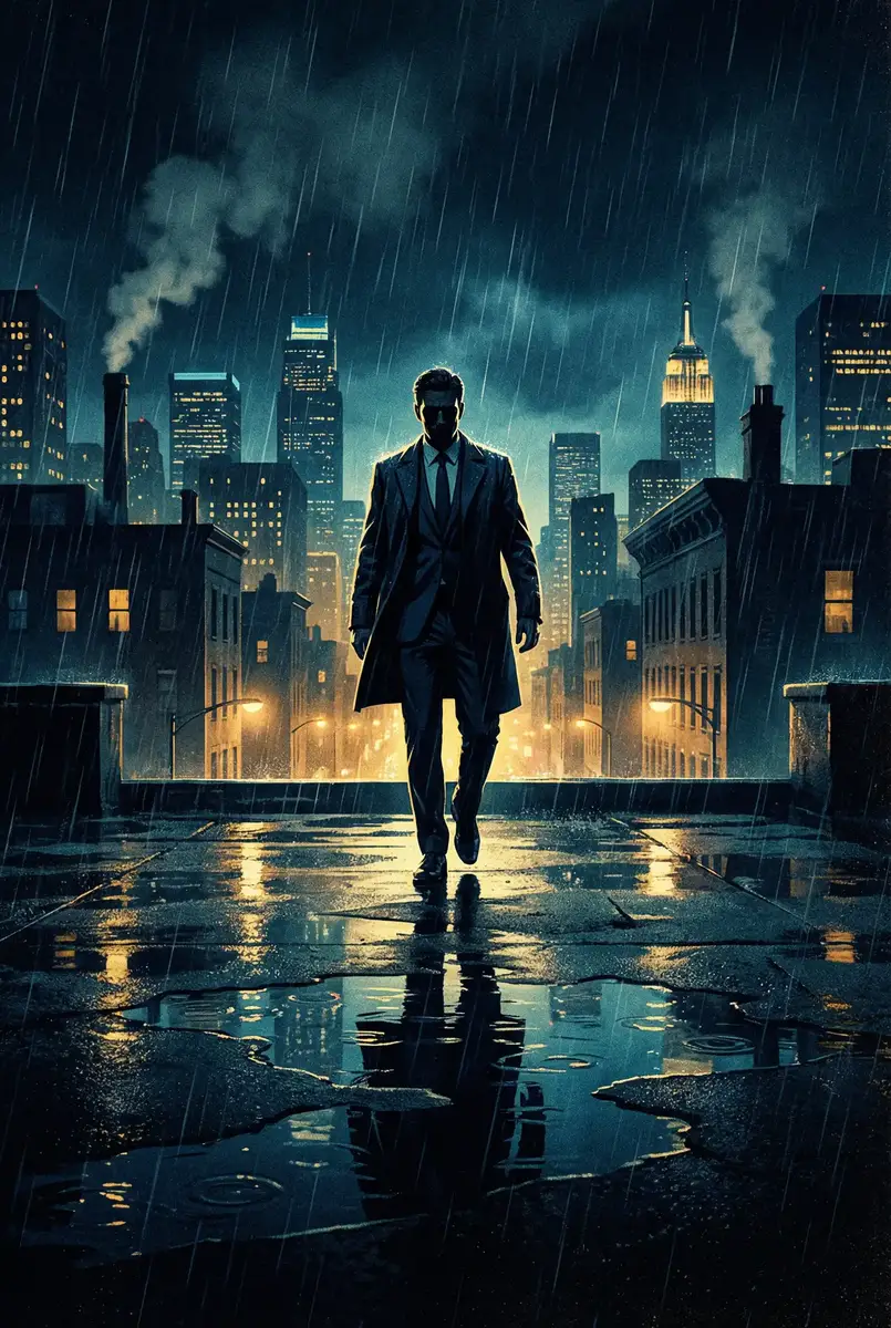 真实亲子伦小说合集 出品影片《雨夜独行者》海报，雨中城市屋顶男性剪影